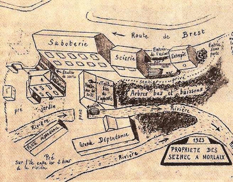 Plan de la propriété de Seznec à Morlaix en 1923. Depuis, le bief de la rivière a été comblé.